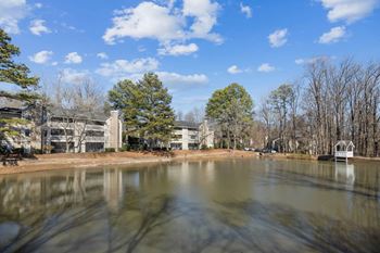 a view of a lake with apartments in the background